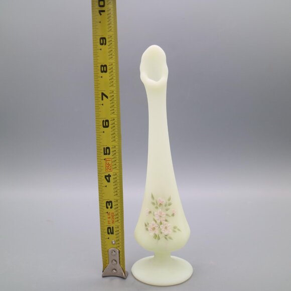 Fenton Yellow Satin Custard Glass Hand Painted Swung Vase Pink Blossoms Signed - Picture 9 of 10